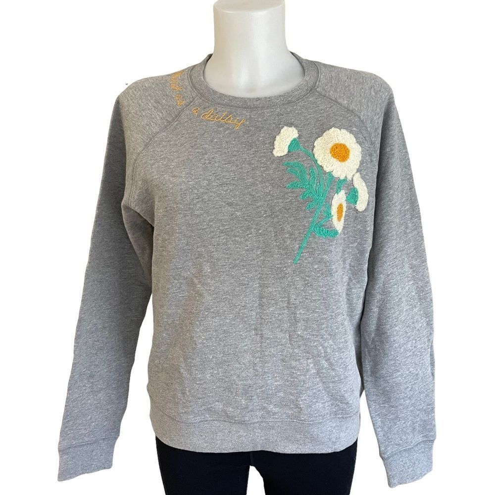 Lucky Brand Gray Crewneck Sweater with White & Yellow Daisy Embroidery